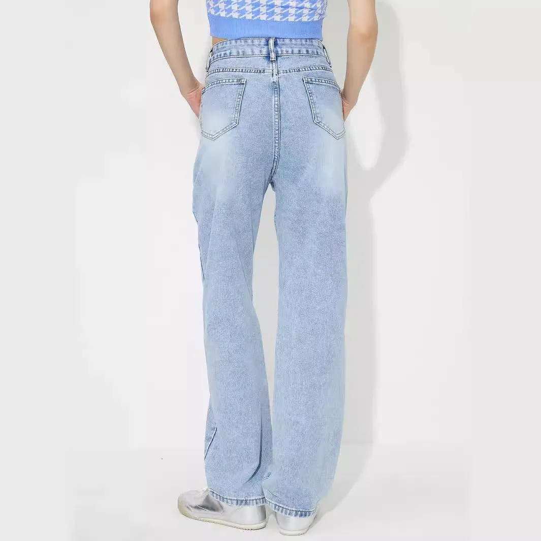 Straight Embroidered Loose High Waist Denim Jeans