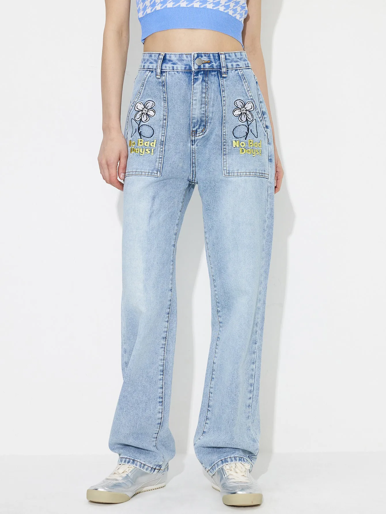 Straight Embroidered Loose High Waist Denim Jeans