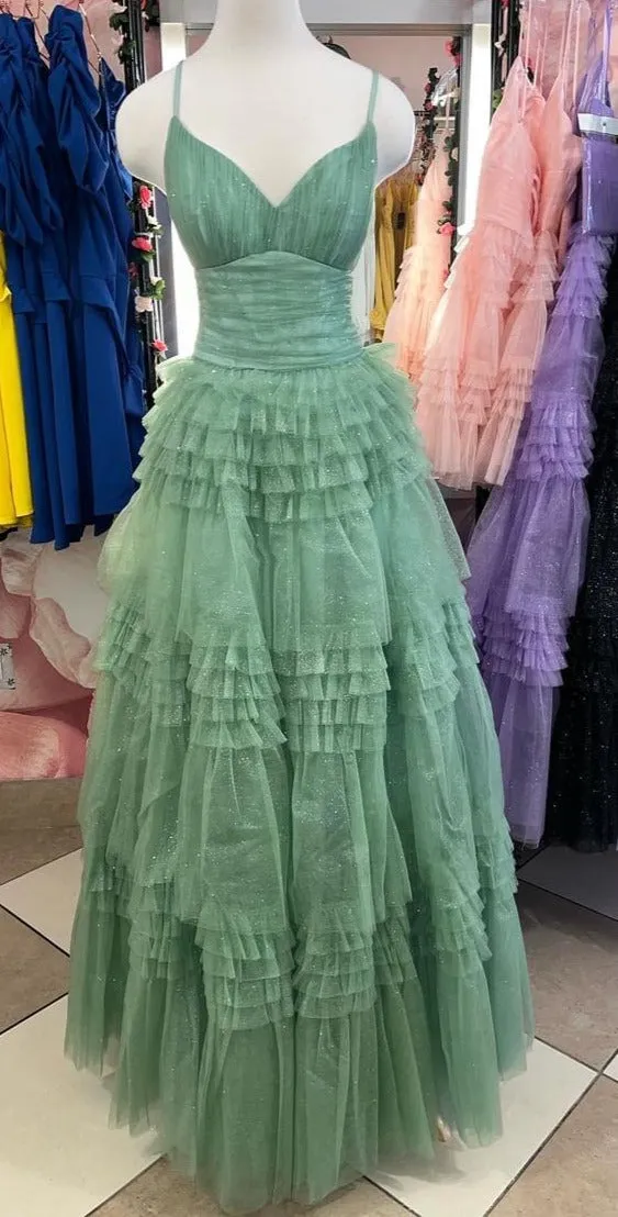 Straps Periwinkle Tulle Tiered Ruffles Formal Gown