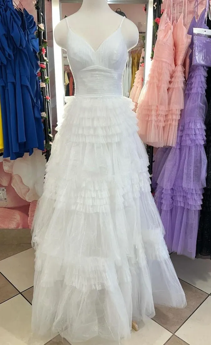 Straps Periwinkle Tulle Tiered Ruffles Formal Gown