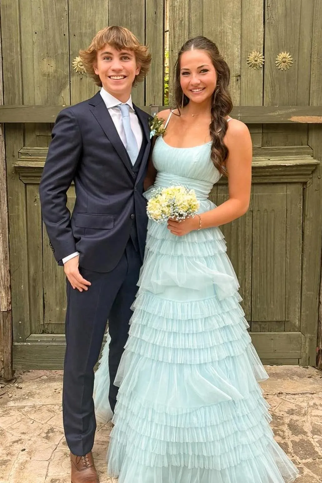 Straps Periwinkle Tulle Tiered Ruffles Formal Gown