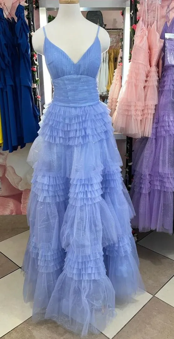 Straps Periwinkle Tulle Tiered Ruffles Formal Gown