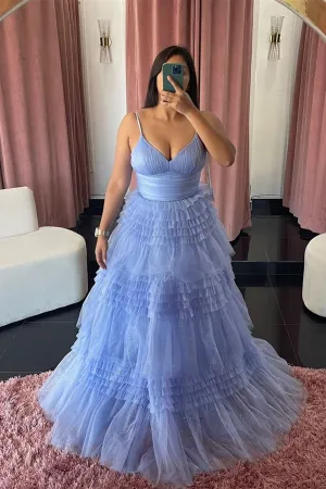 Straps Periwinkle Tulle Tiered Ruffles Formal Gown