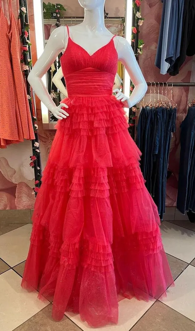 Straps Periwinkle Tulle Tiered Ruffles Formal Gown