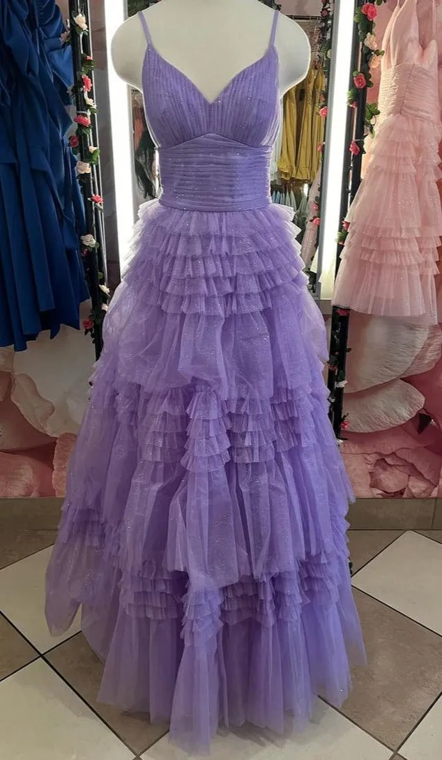 Straps Periwinkle Tulle Tiered Ruffles Formal Gown