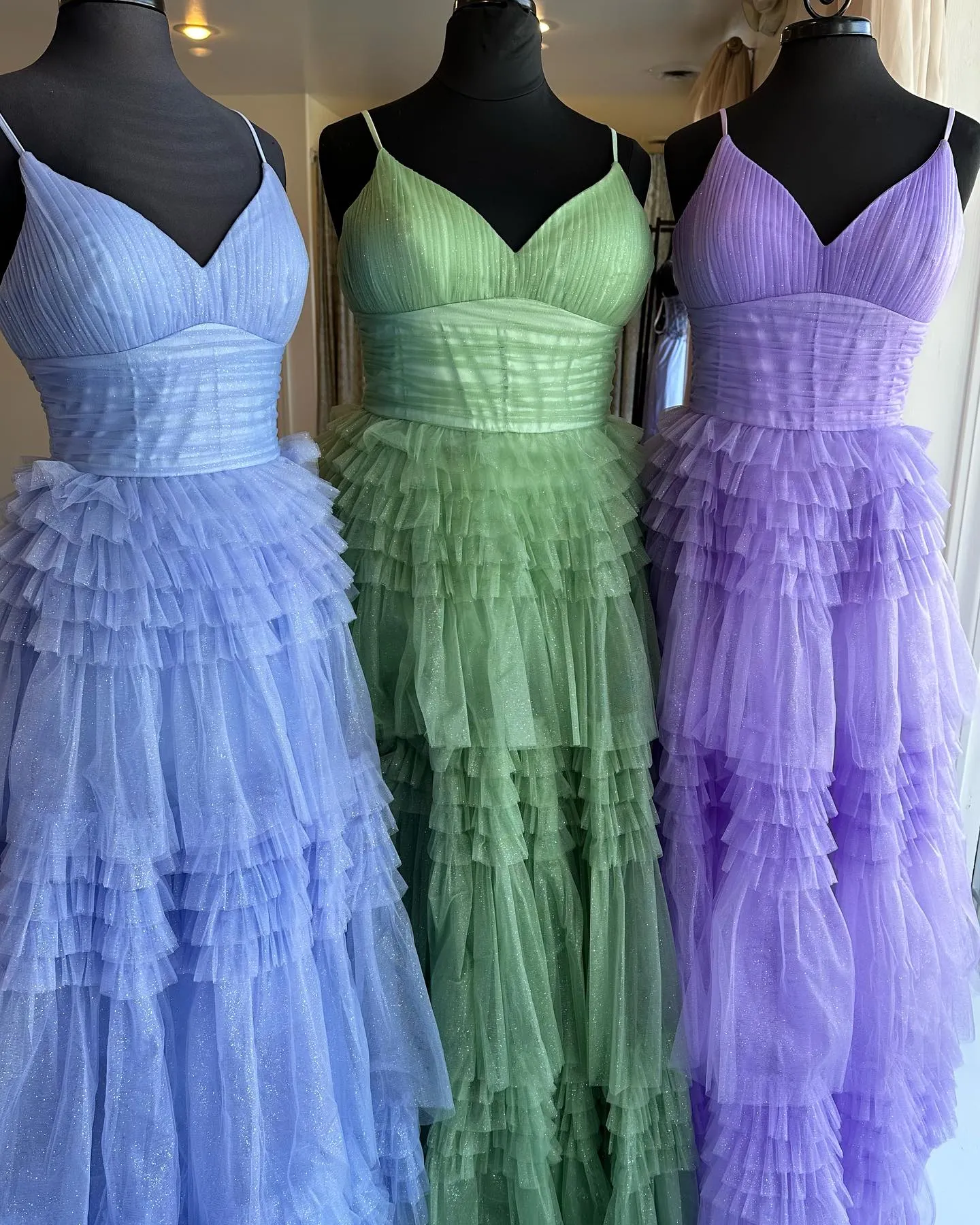 Straps Periwinkle Tulle Tiered Ruffles Formal Gown