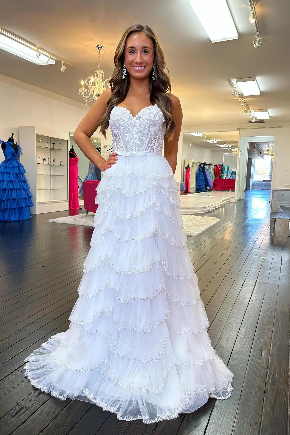 Straps White Appliques Tiered Ruffle Prom Dress