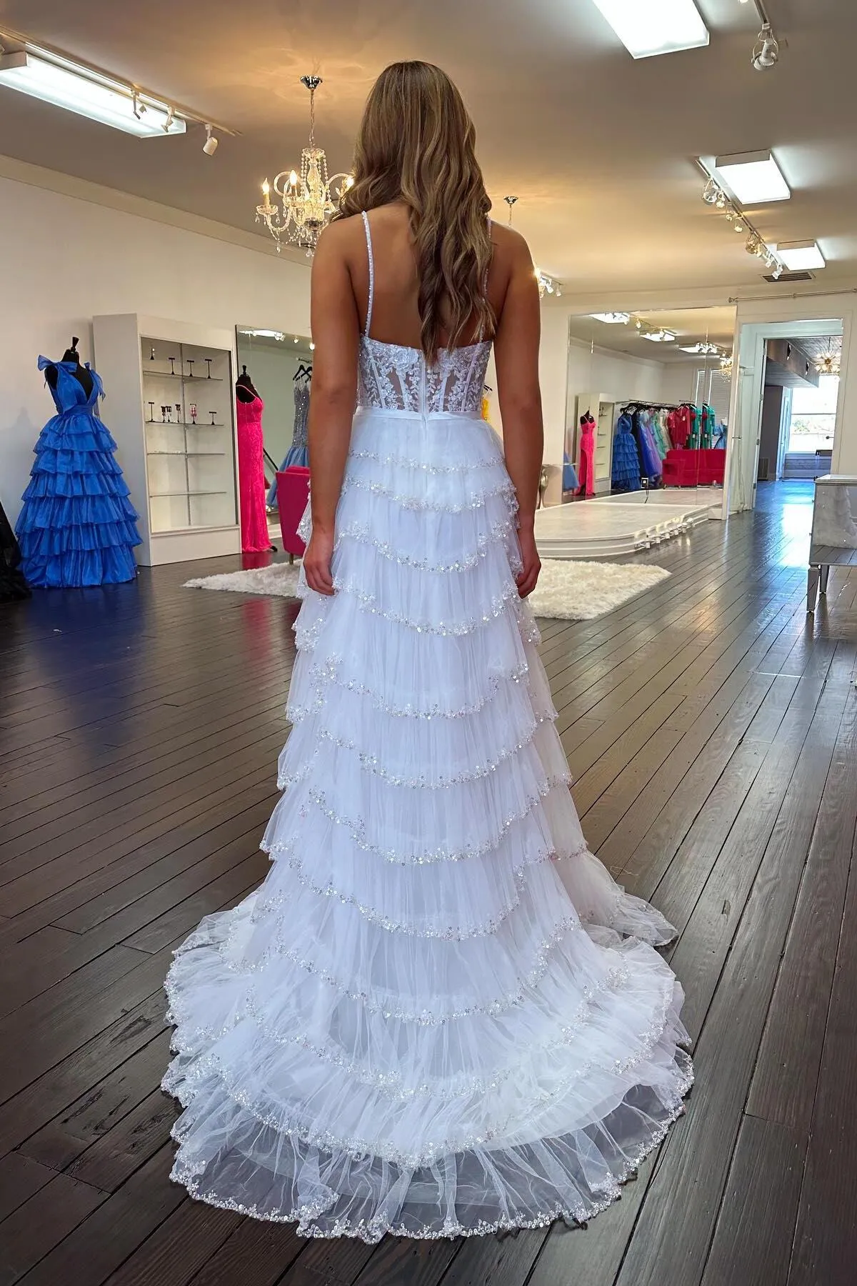 Straps White Appliques Tiered Ruffle Prom Dress