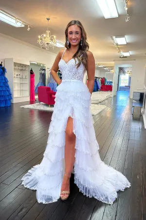 Straps White Appliques Tiered Ruffle Prom Dress