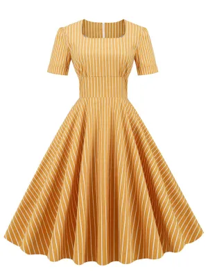 Stripe Square Collar 1950S Dress With Pockets