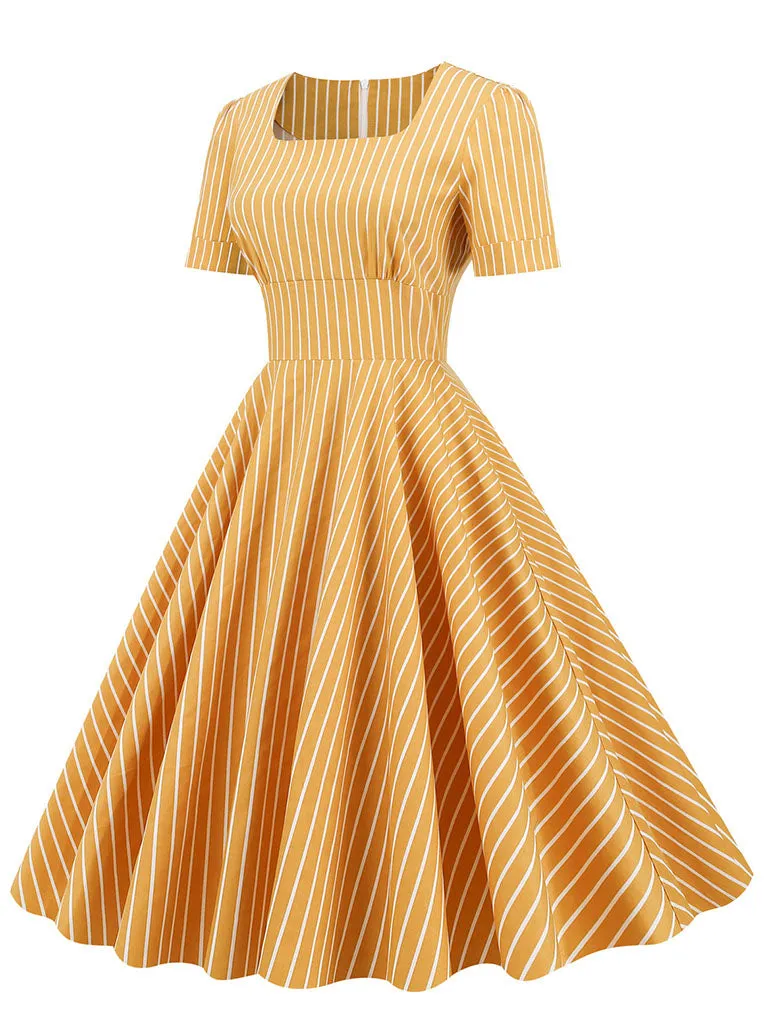 Stripe Square Collar 1950S Dress With Pockets