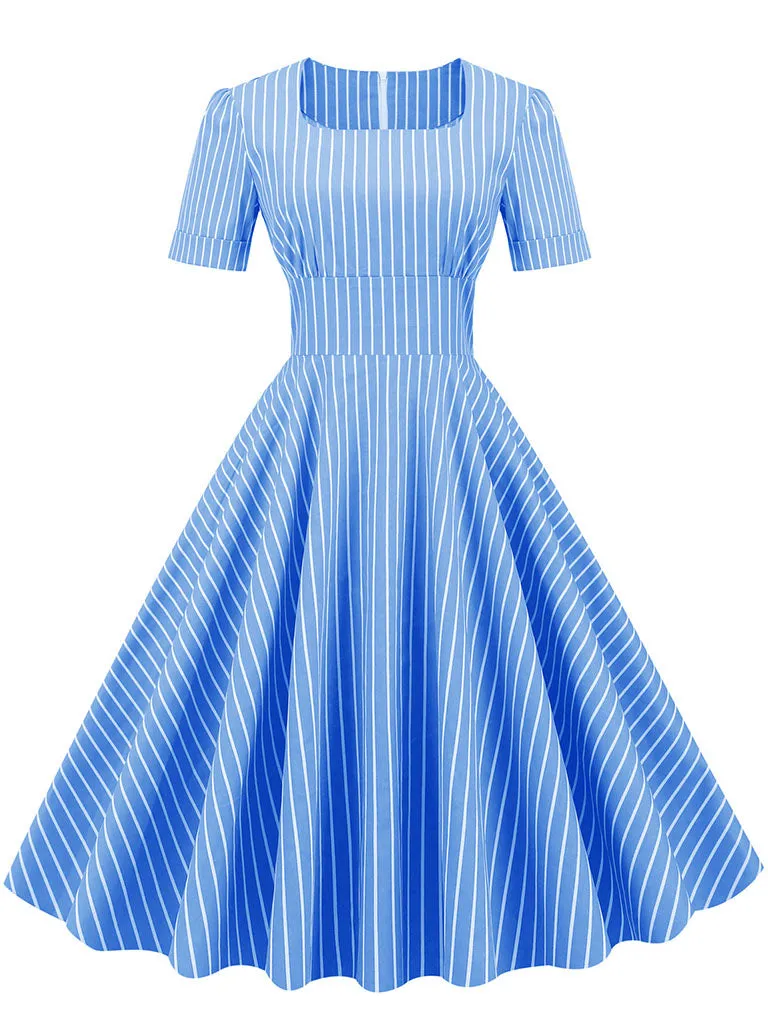 Stripe Square Collar 1950S Dress With Pockets