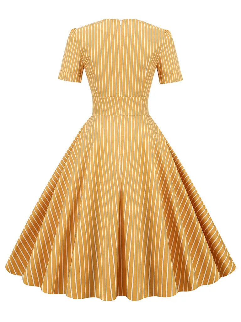 Stripe Square Collar 1950S Dress With Pockets