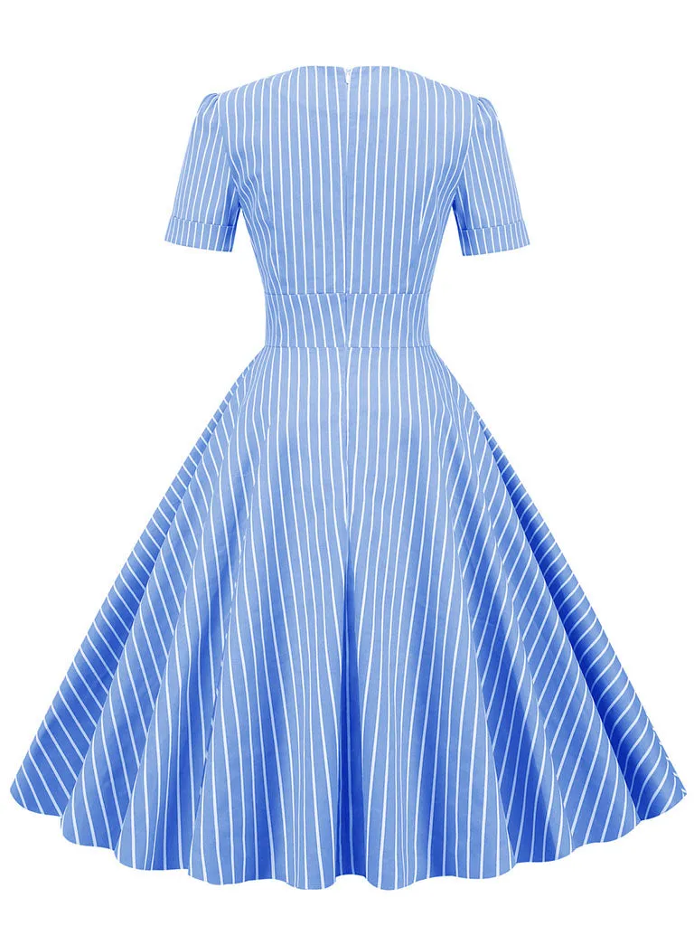 Stripe Square Collar 1950S Dress With Pockets