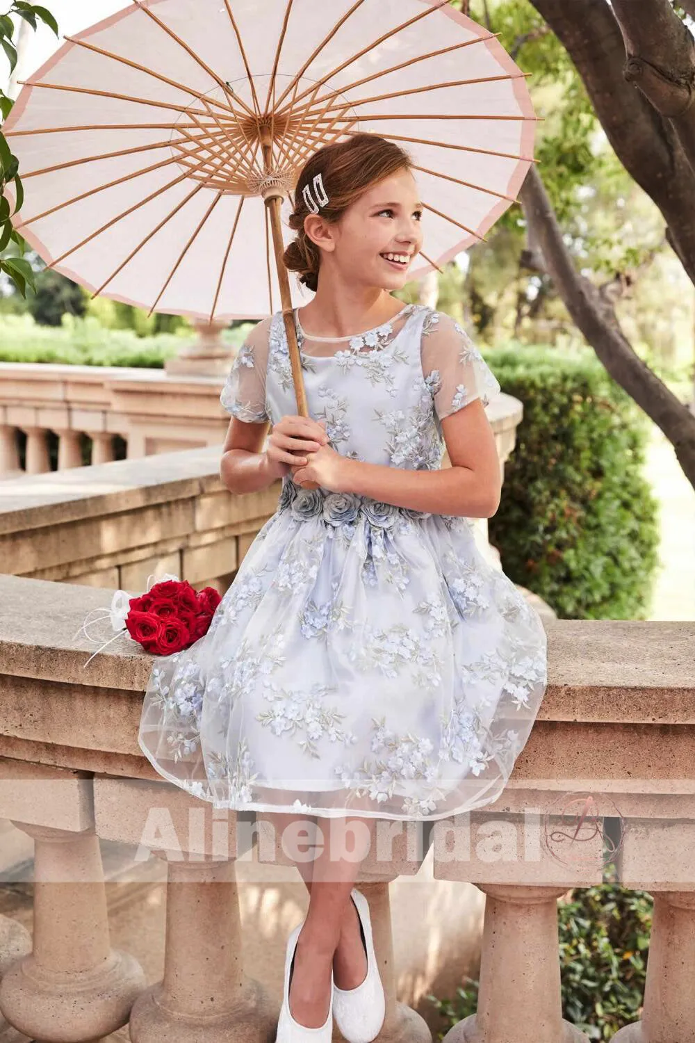 Stunning Blue Organza Lace Round Neck Short Sleeve Flower Girl Dresses, FGS086