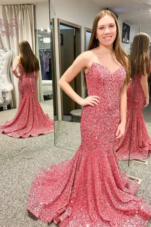 Sweetheart Pink Sequin Mermaid Long Formal Dress with Lace Up Back