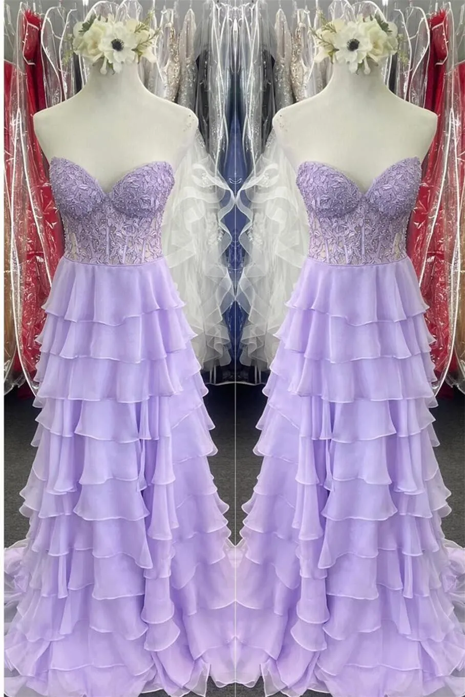 Sweetheart Yellow Lace Tiered Ruffle Prom Dress