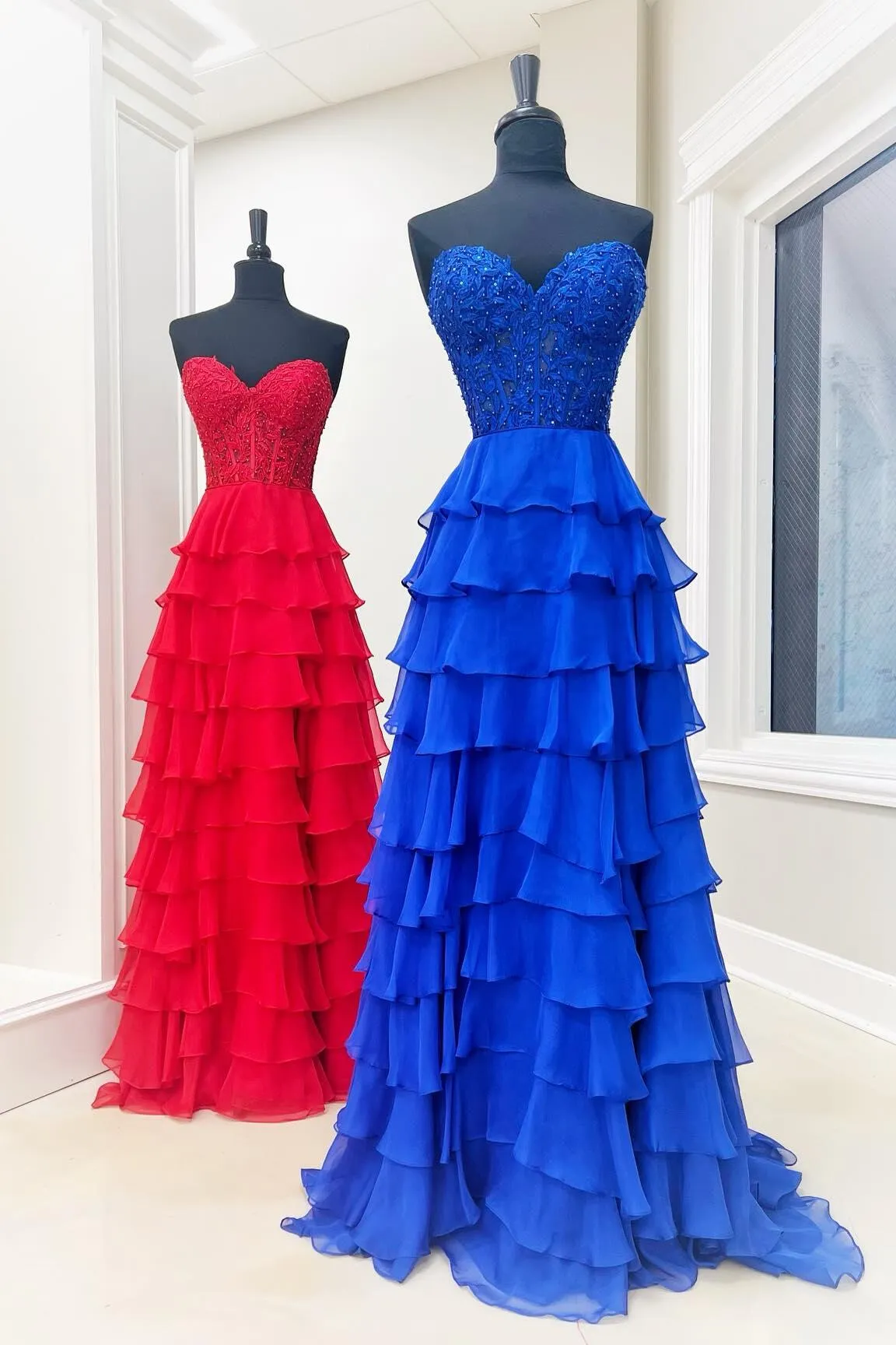 Sweetheart Yellow Lace Tiered Ruffle Prom Dress