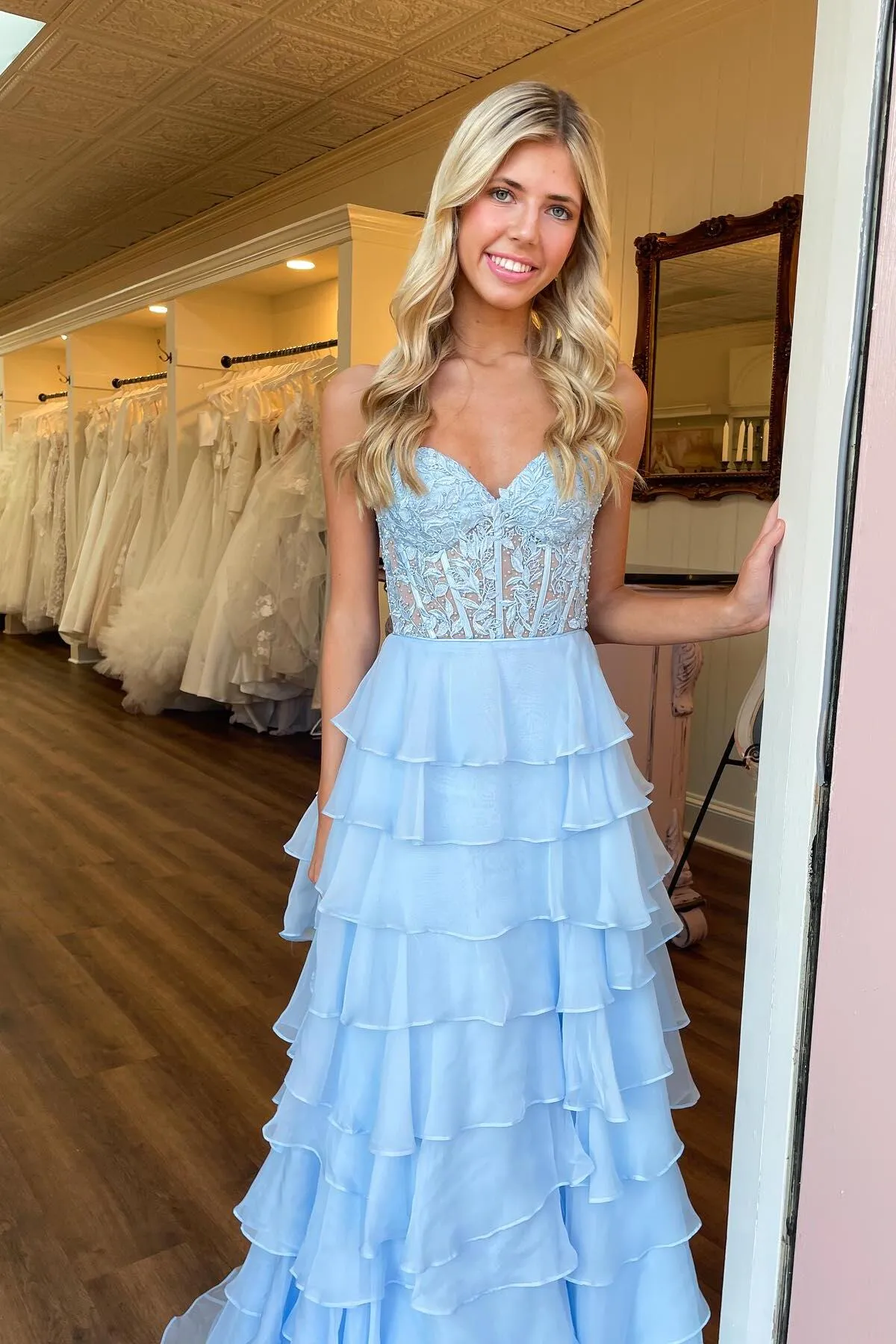 Sweetheart Yellow Lace Tiered Ruffle Prom Dress