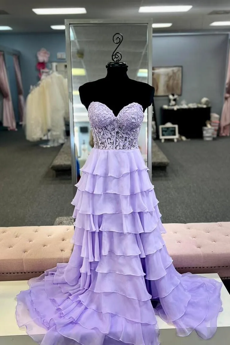 Sweetheart Yellow Lace Tiered Ruffle Prom Dress