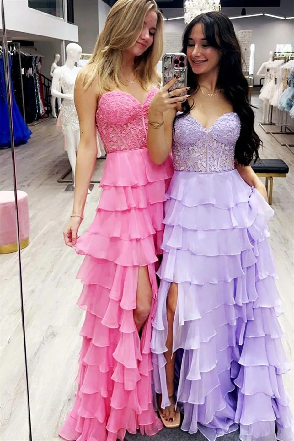 Sweetheart Yellow Lace Tiered Ruffle Prom Dress