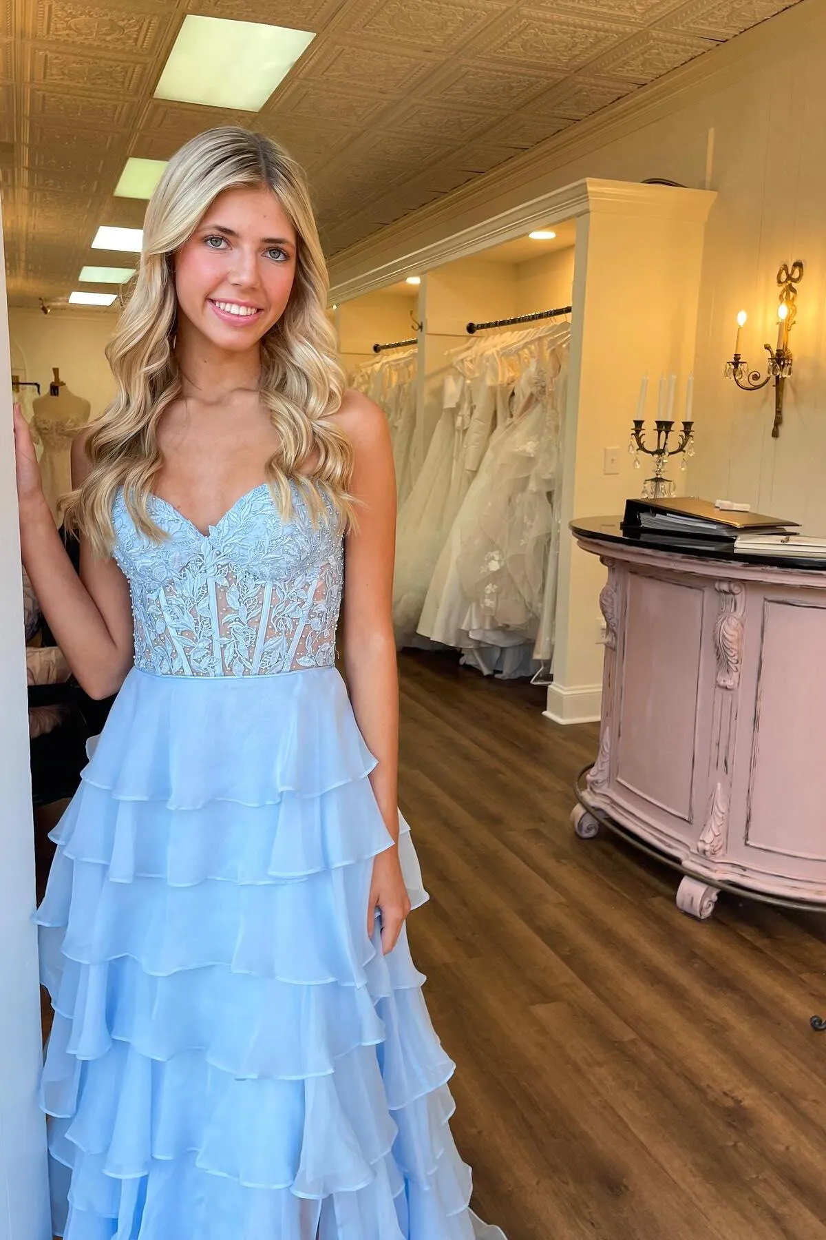 Sweetheart Yellow Lace Tiered Ruffle Prom Dress