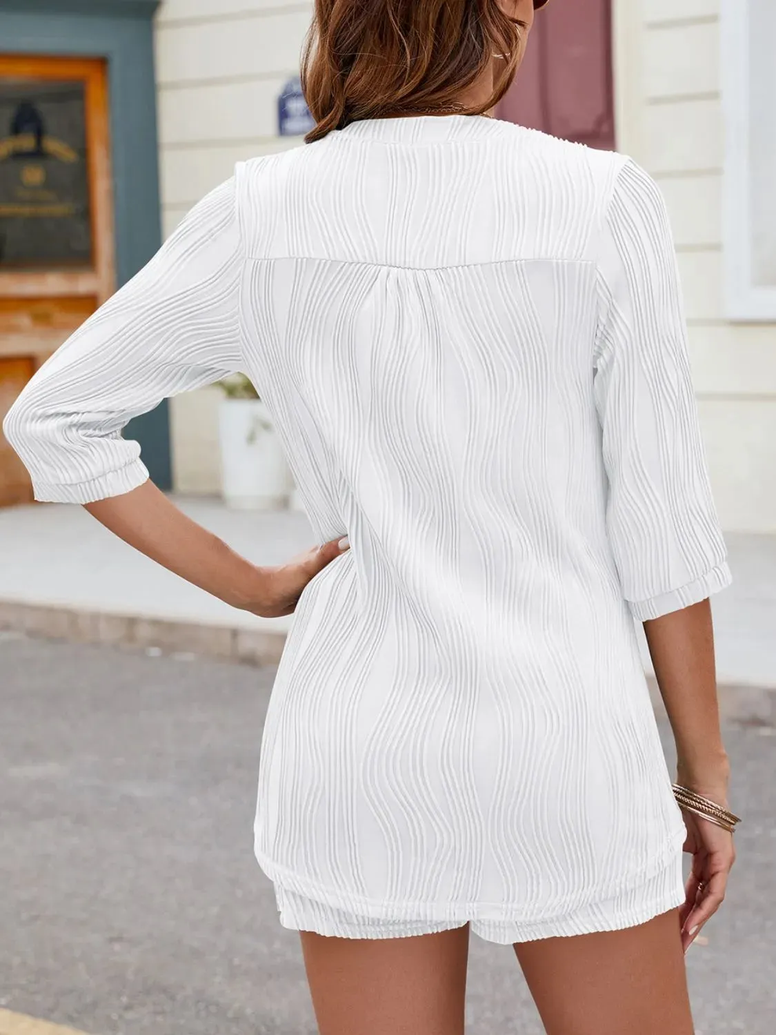 Textured Notched Top and Drawstring Shorts Set