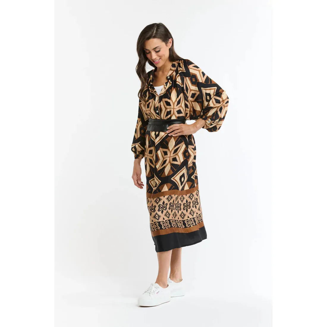 The Hills Button Through Dress - Print Brown/Beige
