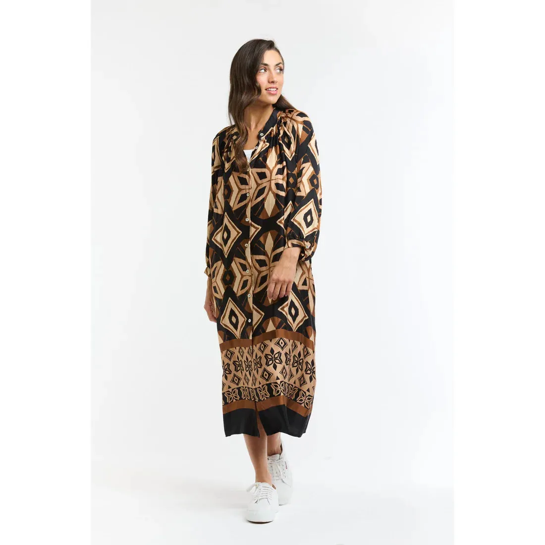 The Hills Button Through Dress - Print Brown/Beige