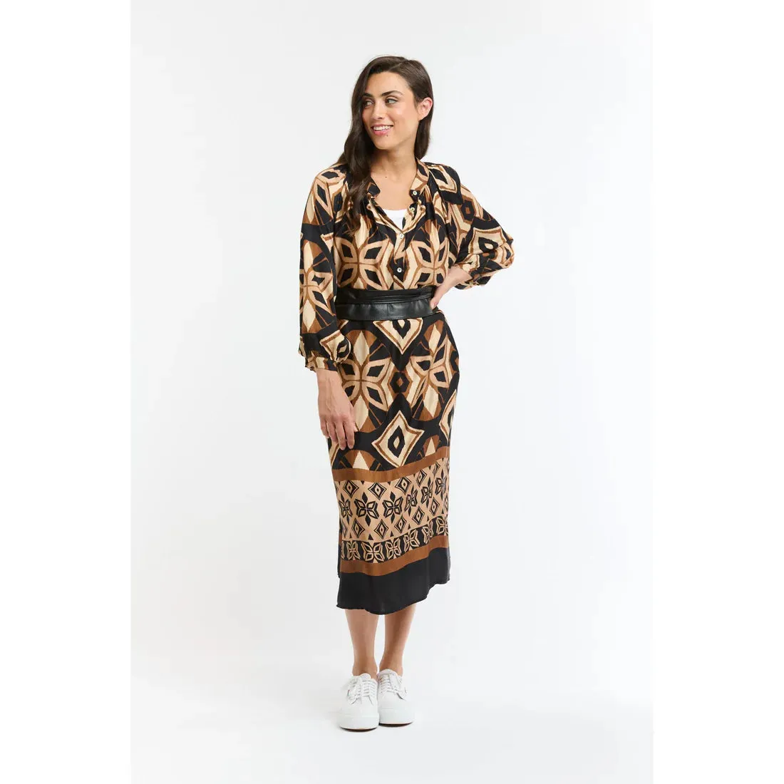 The Hills Button Through Dress - Print Brown/Beige