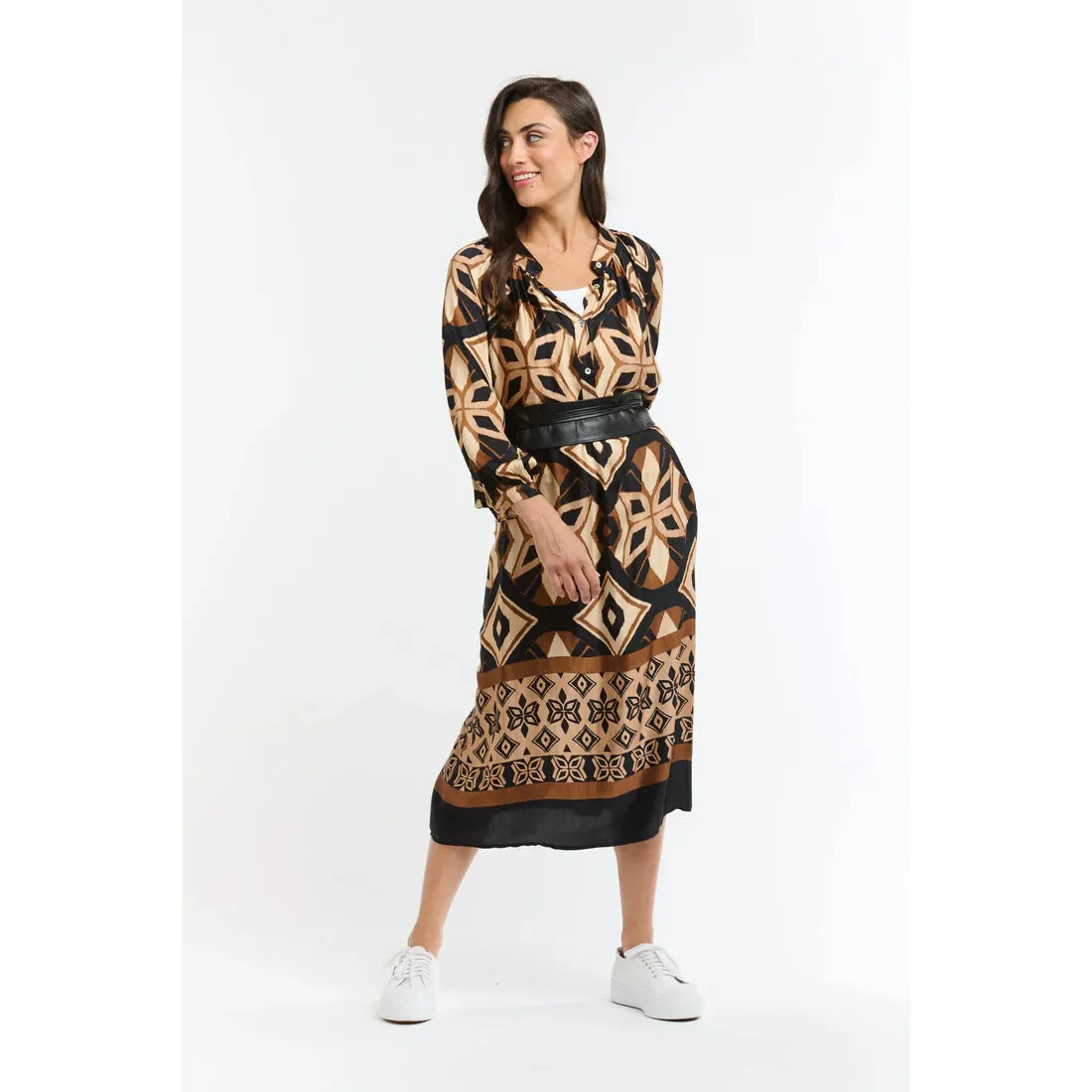 The Hills Button Through Dress - Print Brown/Beige
