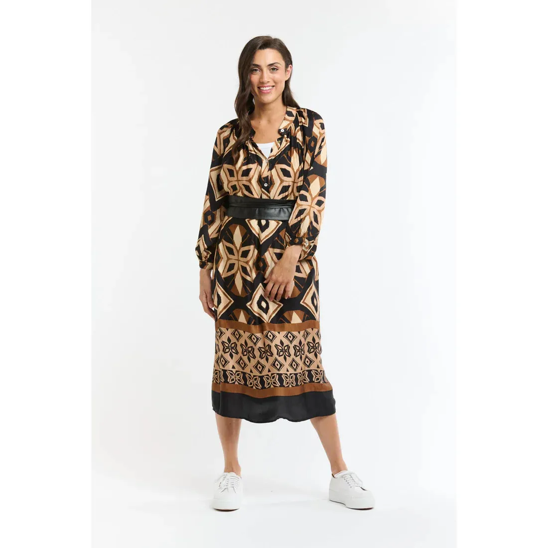 The Hills Button Through Dress - Print Brown/Beige