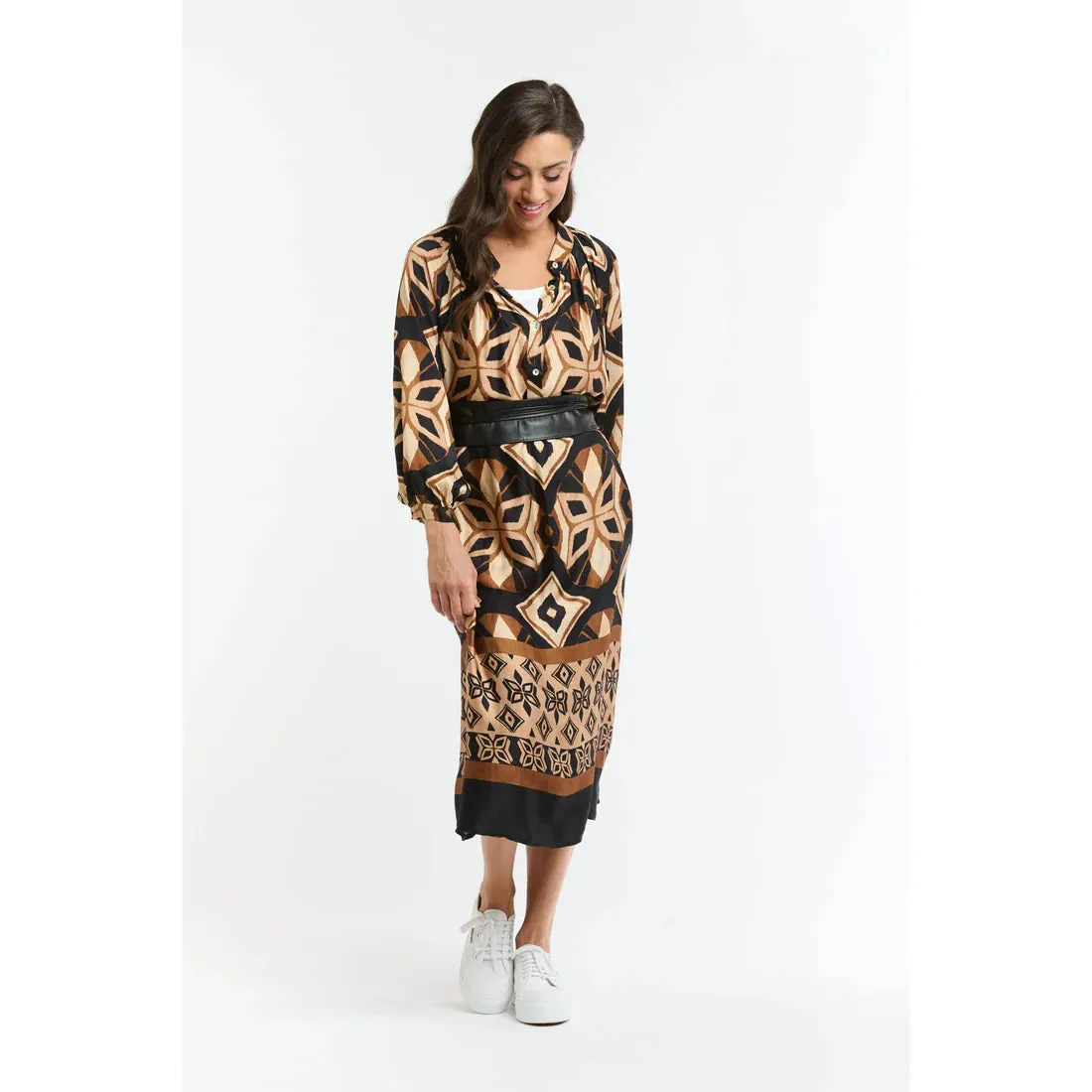 The Hills Button Through Dress - Print Brown/Beige