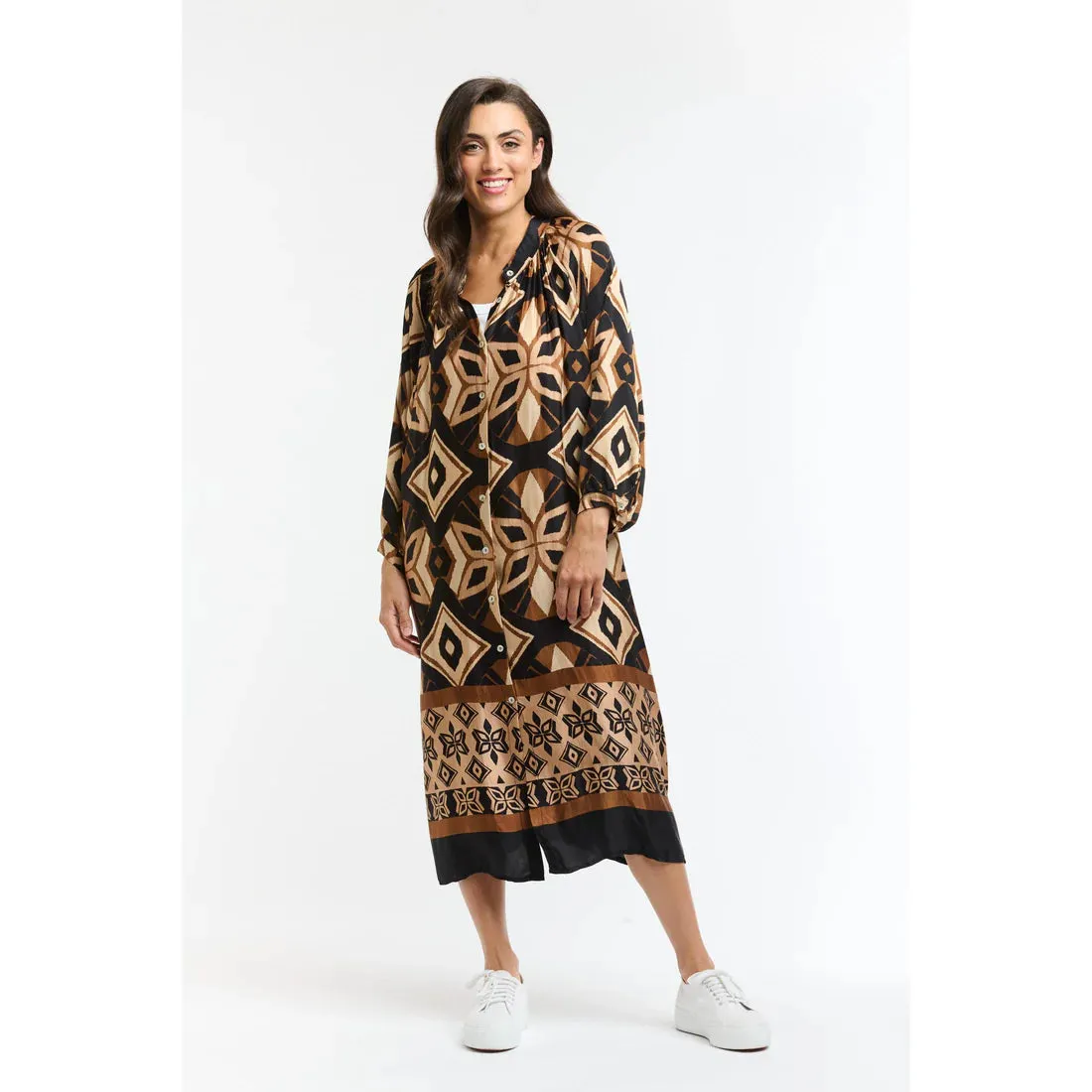 The Hills Button Through Dress - Print Brown/Beige