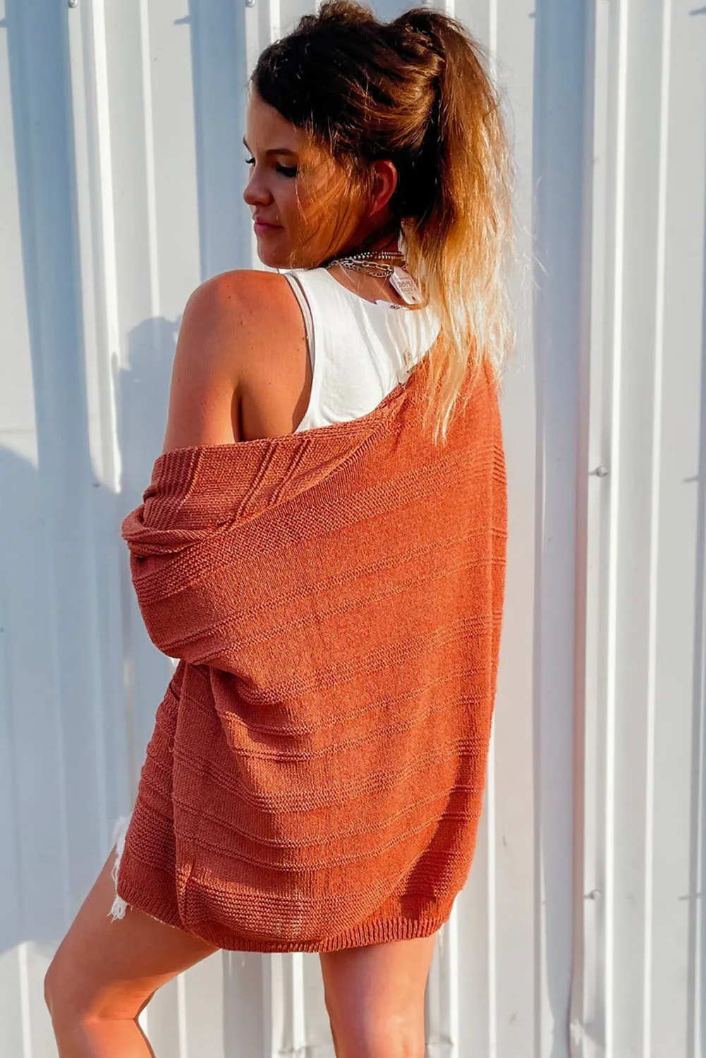 Tomato Red Open Front Textured Knit Cardigan with Pockets