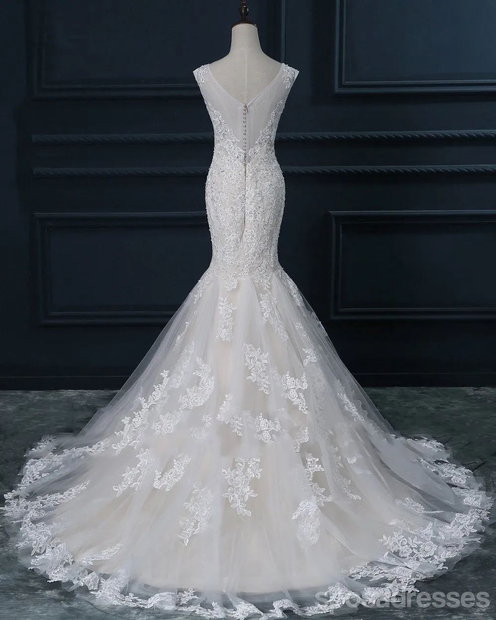 Two Straps V Neckline Pearls Beaded Lace Mermaid Wedding Bridal Dresses, Cheap Custom Made Wedding Bridal Dresses, WD273
