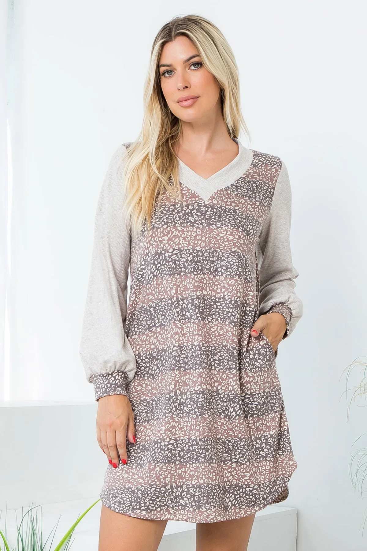 V-Neck Long Sleeve Stripe Leopard Dress