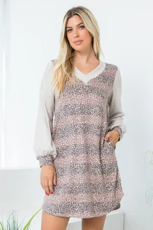 V-Neck Long Sleeve Stripe Leopard Dress