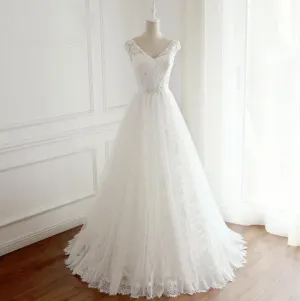 V Neck Open Back Full Lace Long Simple Beach Summer Spring Floor-length Cheap Wedding Dresses, WD0293
