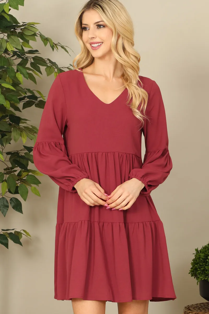 V-Neck Puff Long Sleeve Baby Doll Tiered Solid Dress