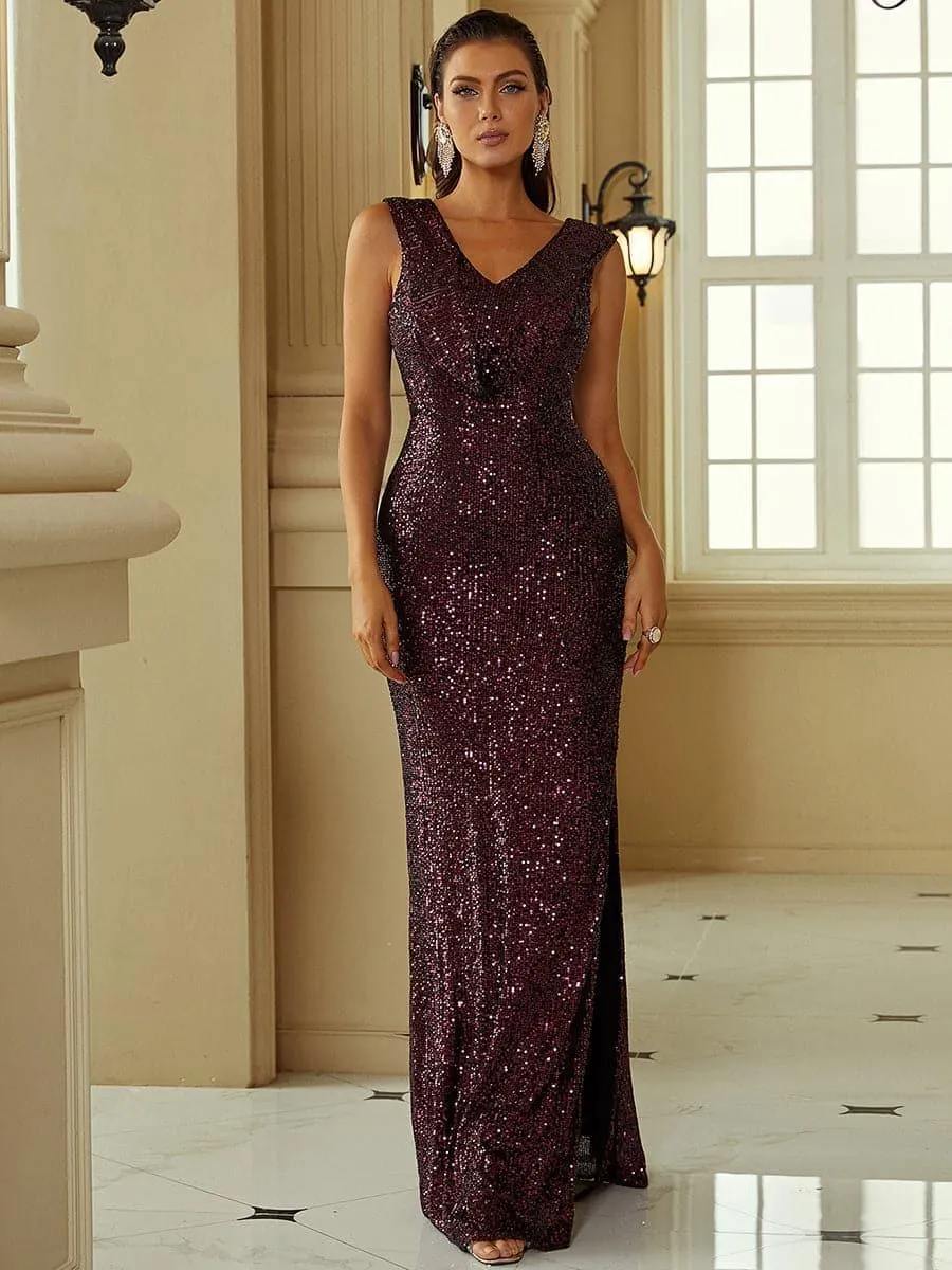 V-neck Ruched Split Thigh Sequin Formal Dress XJ1256