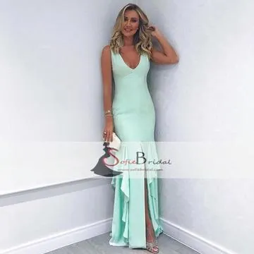 V-neck Sleeveless Jersey Prom Dresses, Front Slit Mermaid Prom Dresses, Prom Dresses, PD0399