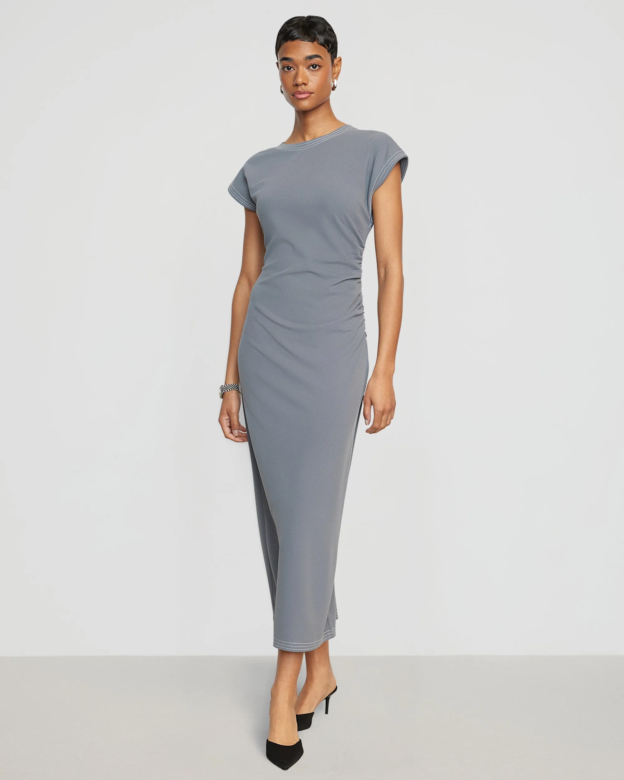 Vela Contrast-Stitch Ruched-Waist Dress