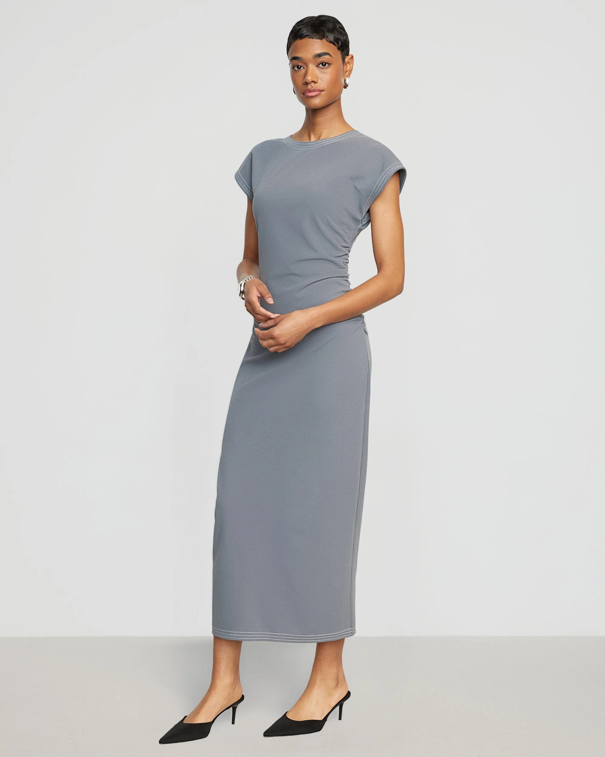 Vela Contrast-Stitch Ruched-Waist Dress