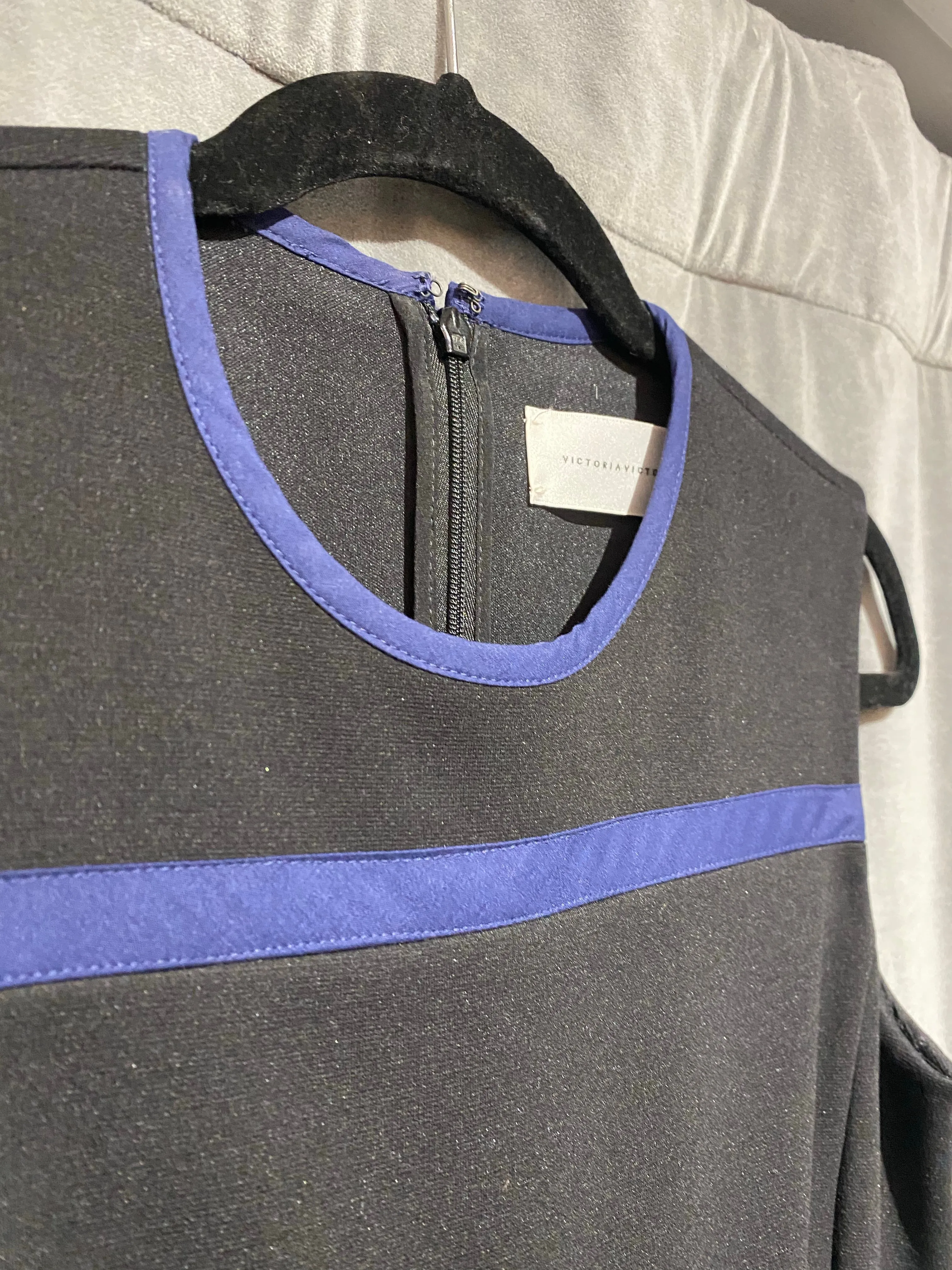 VIctoria Beckham Navy Stretch Knit Back Zip Dress with Wool Turtleneck Collar