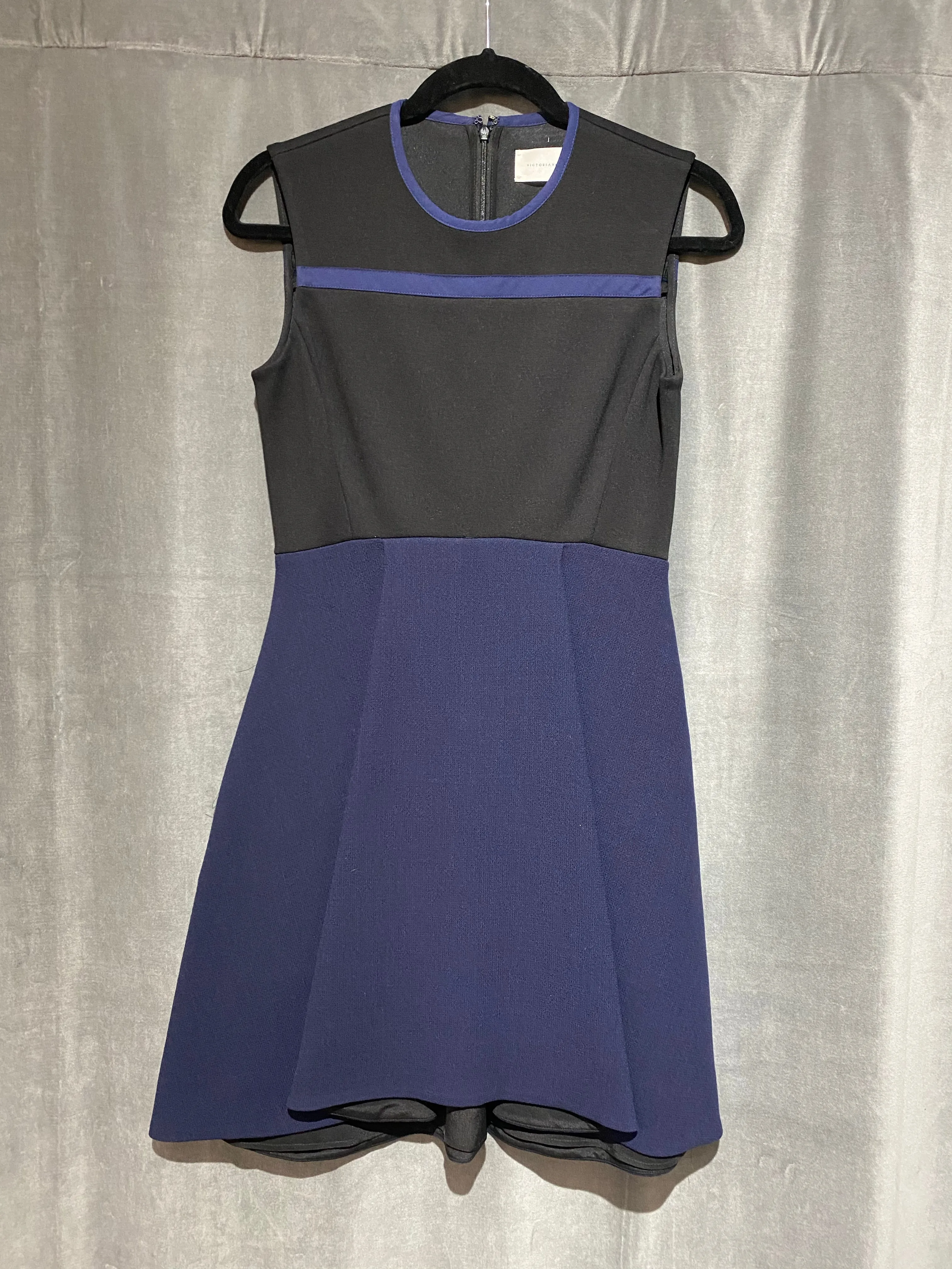 VIctoria Beckham Navy Stretch Knit Back Zip Dress with Wool Turtleneck Collar