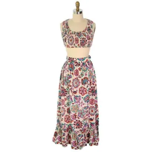 Vintage 2 PC Skirt & Crop Top Print Craig Craely 1970s Small-Med