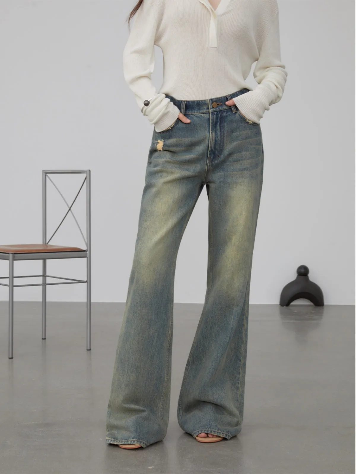 Vintage Washed Micro-Flare Jeans
