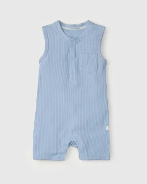 Waffle Short Romper - Blue Fog