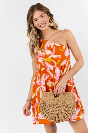 Walking On Sunshine Red Floral Printed One Shoulder Dress